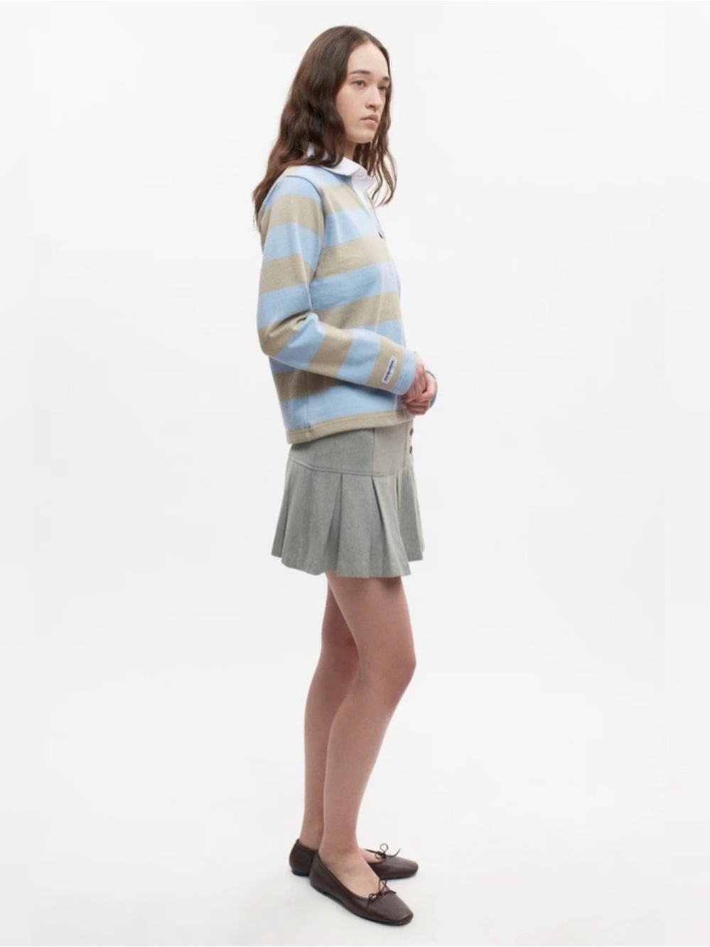 KOTN Shrunken Rugby Shirt - Taupe/Powder Cropped Striped Cotton Longsleeve - Picture 5 of 6